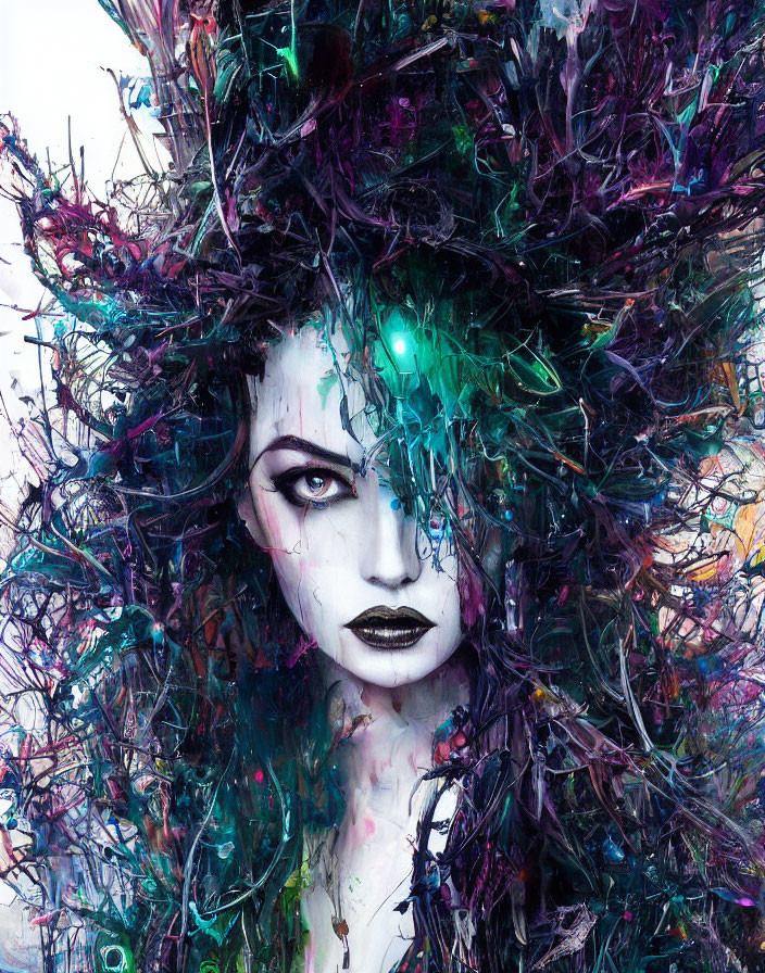 Colorful woman with striking makeup and chaotic, paint-like hair.