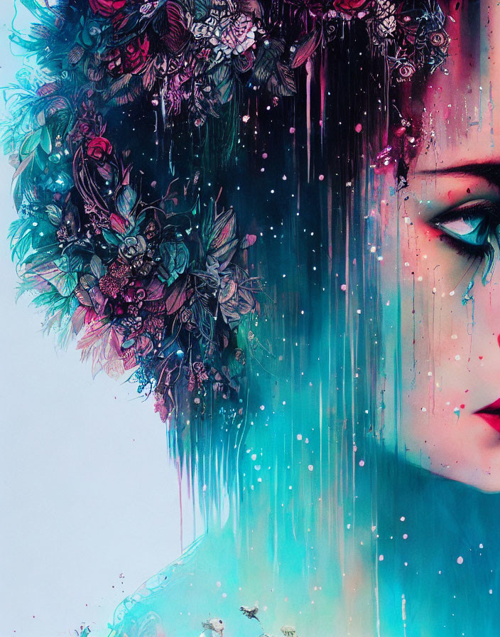 Colorful profile portrait with flowery headdress and vibrant drips and splatters