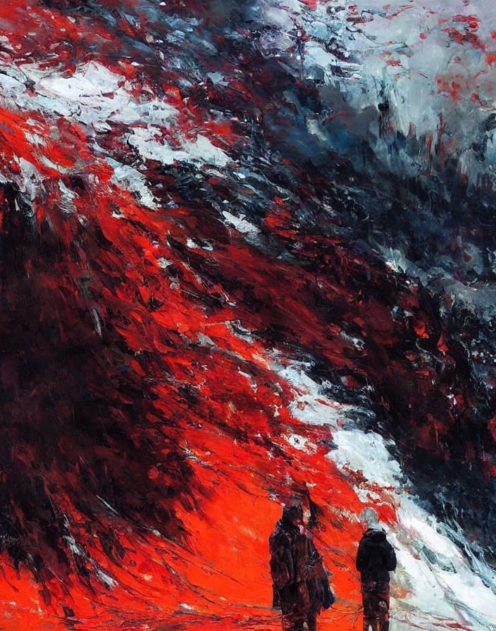 Abstract Red and Black Brushstrokes with Silhouetted Figures