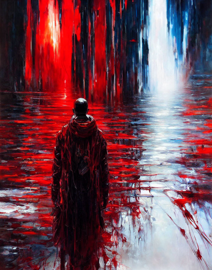 Vibrant red and blue forest with person in red coat standing by water