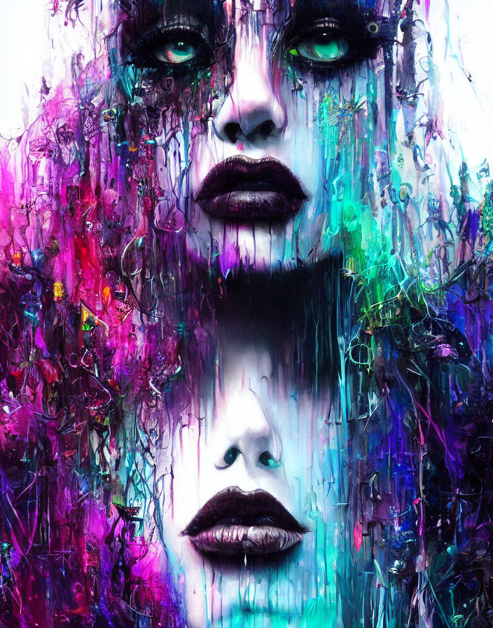 Colorful Abstract Portrait with Mirror Image Effect and Dripping Paint in Purple, Blue, and Green