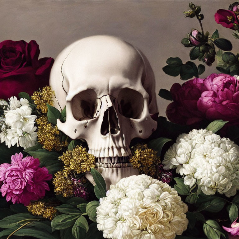 Human Skull Surrounded by Pink and White Flowers