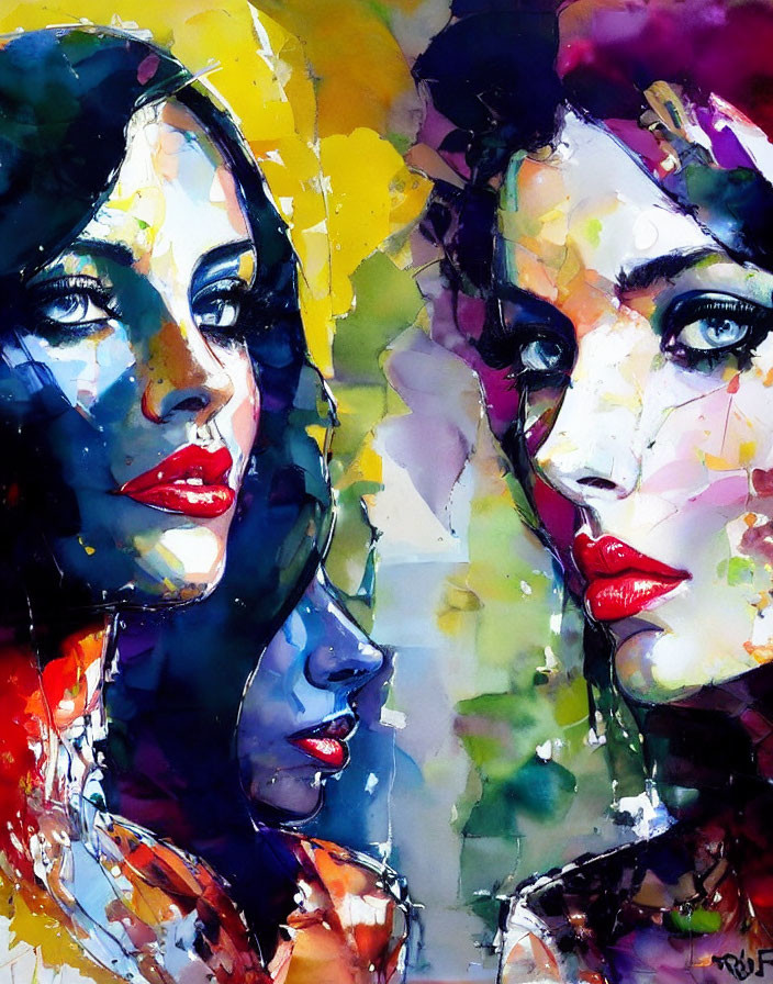 Colorful Watercolor Painting of Two Women's Faces in Profile