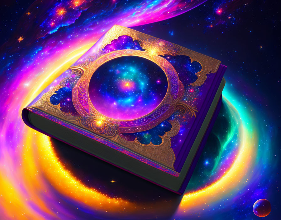 Mystical book with cosmic orb against swirling galaxy backdrop
