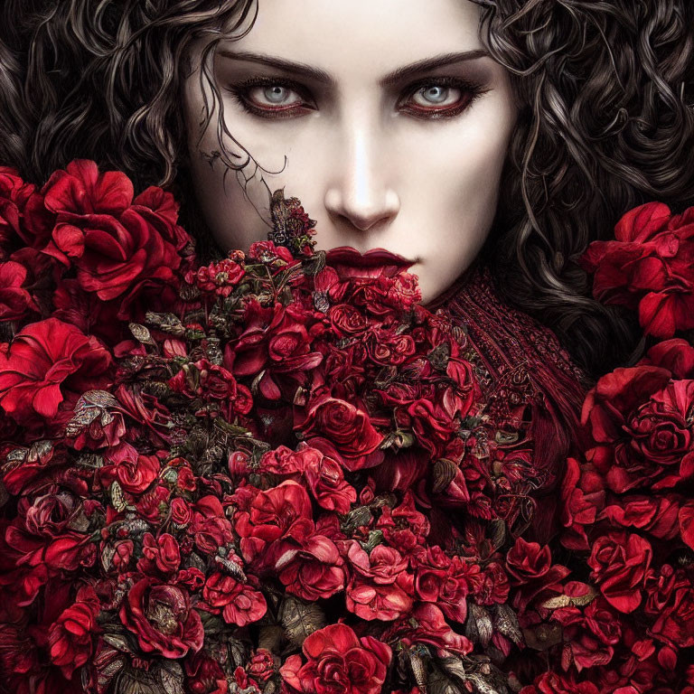 Digital Artwork: Pale-skinned woman with dark curly hair and red eyes amidst red rose bouquet