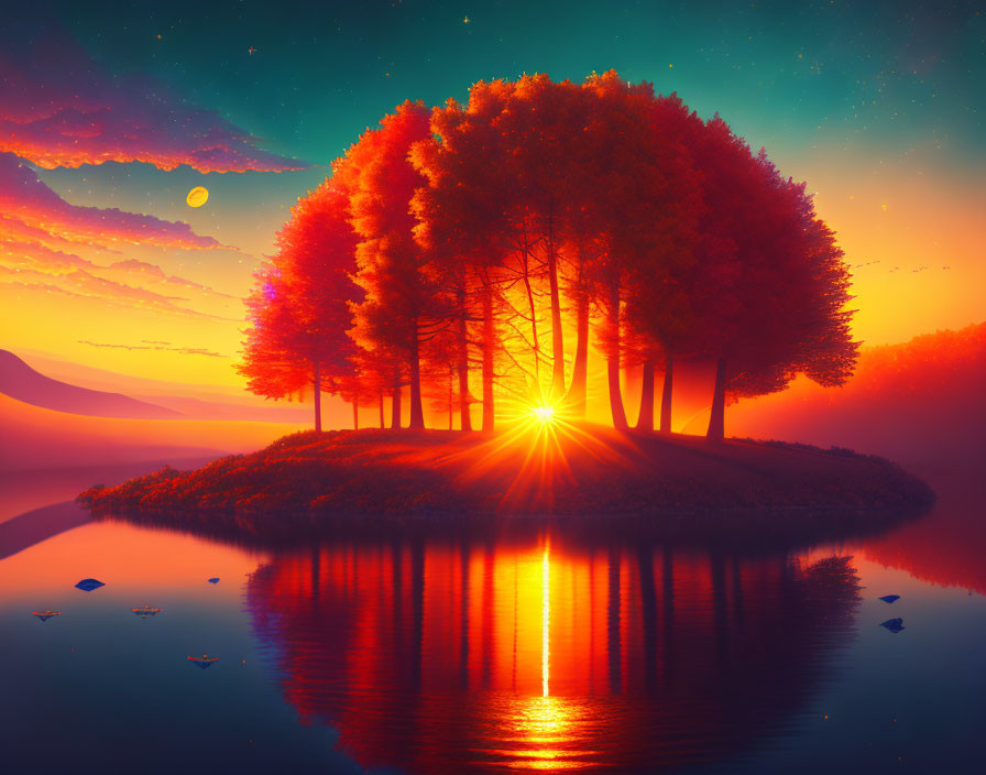 Scenic sunset with sunburst, trees, and crescent moon over tranquil water