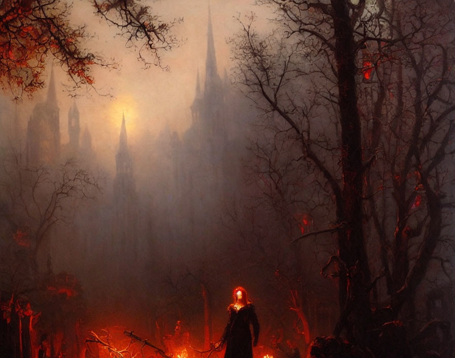 Glowing person in misty forest with Gothic buildings