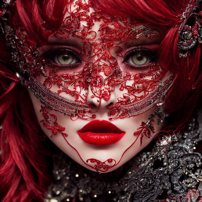 Red-haired person wearing intricate red filigree mask and vibrant makeup.