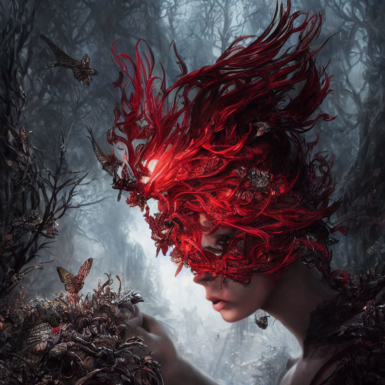 Vibrant red hair swirling like flames in forest setting with butterflies