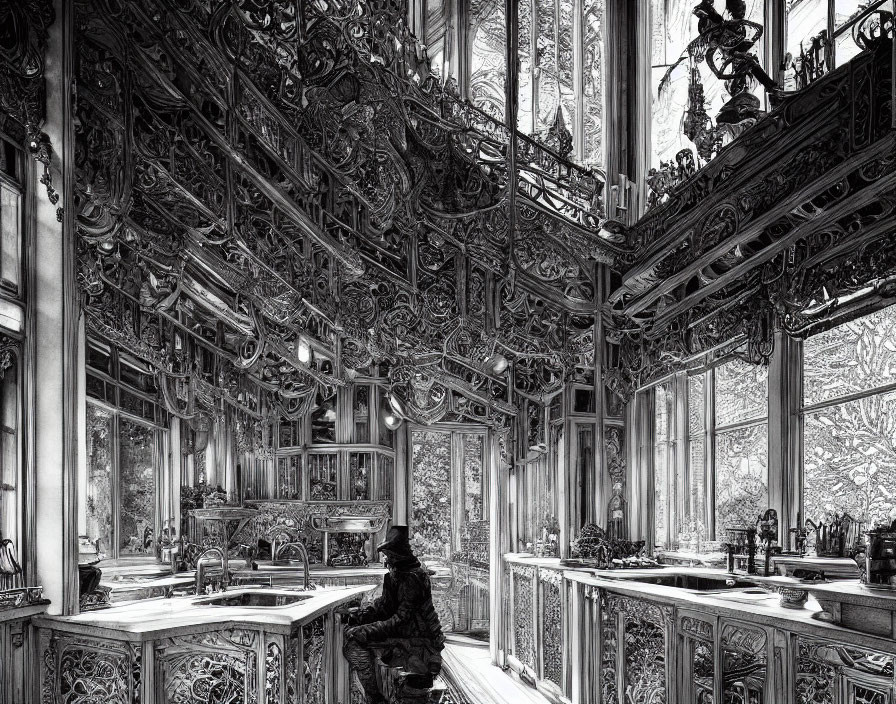 Detailed Monochrome Drawing of Ornate Interior with Seated Figure