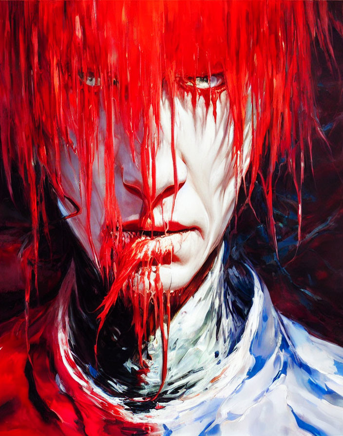 Abstract portrait with bold red paint streaks and white collar.