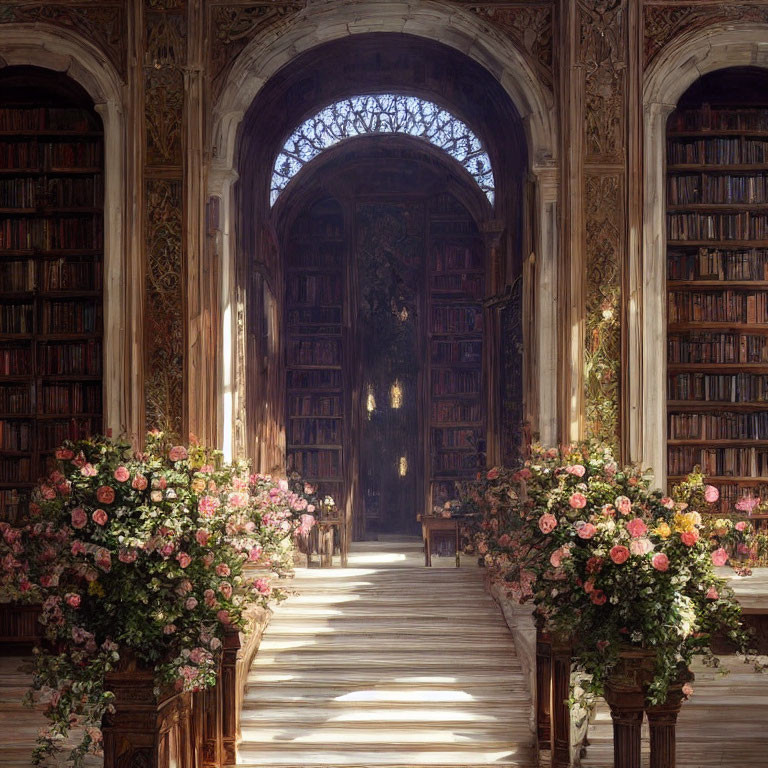 Sunlit ornate library with bookshelves and floral decorations