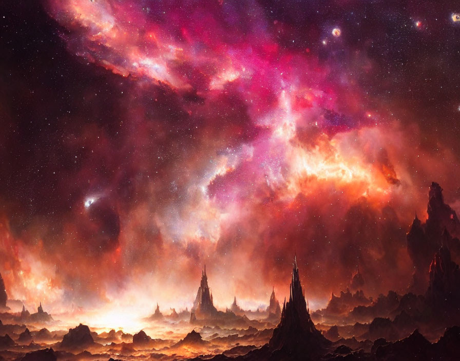 Colorful cosmic scene with purple and orange nebulae and stars.