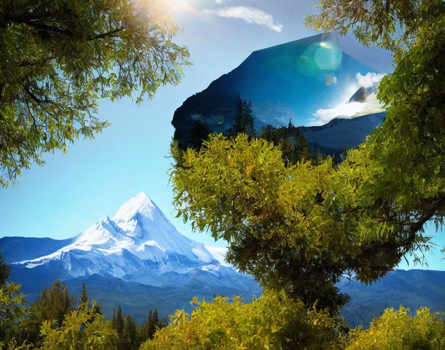 Snowy mountain peak framed by lush green trees under a bright blue sky