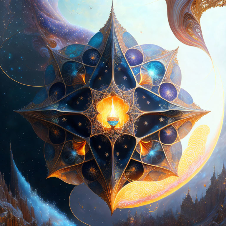 Glowing geometric structure in cosmic setting with celestial bodies