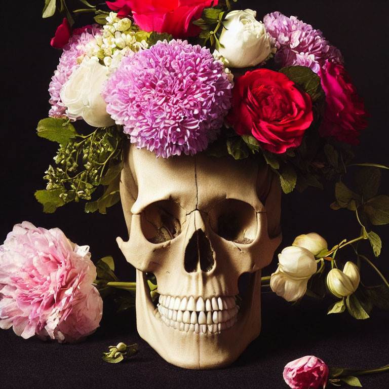 Colorful Fresh Flowers on Human Skull Against Black Background