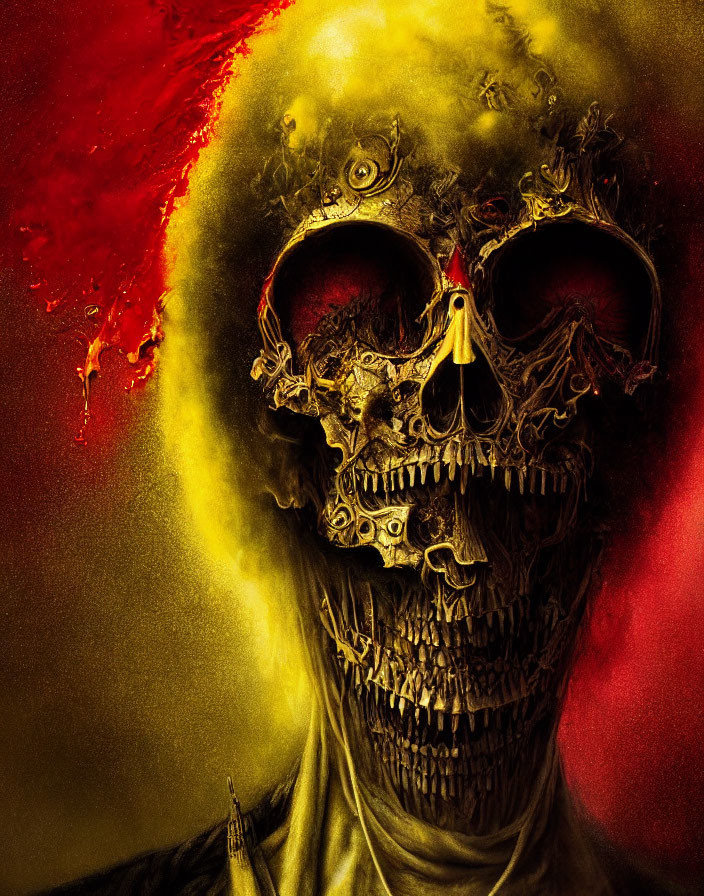 Detailed skull with mechanical elements on red and yellow smoky backdrop