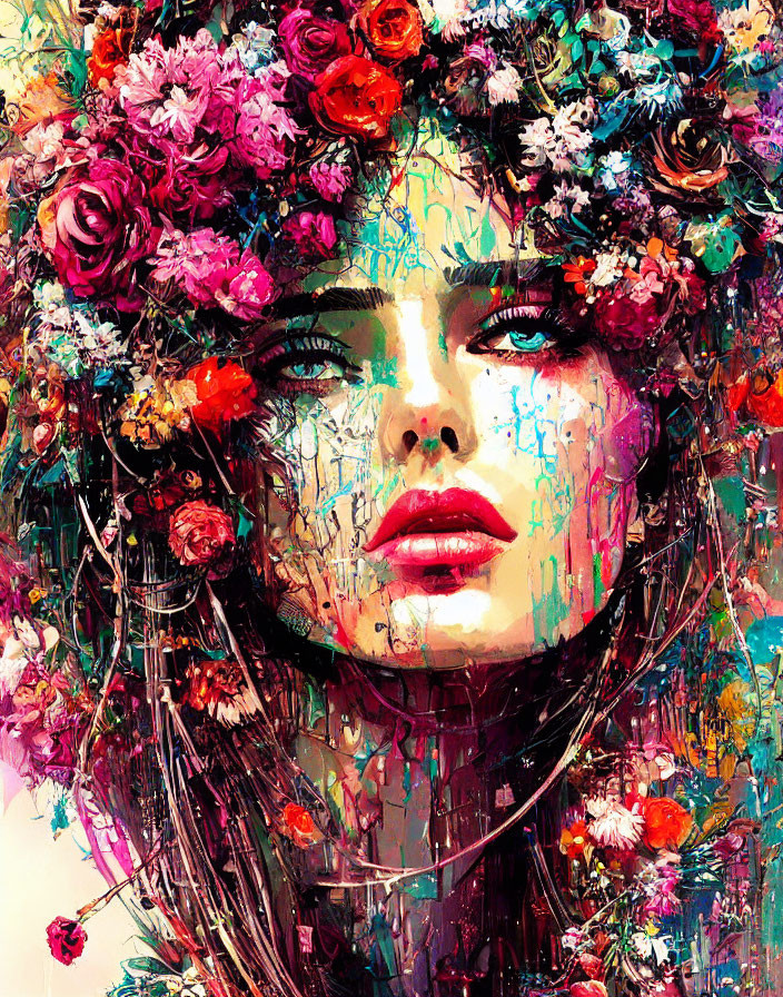 Colorful portrait of a woman with floral crown and dynamic brushstrokes