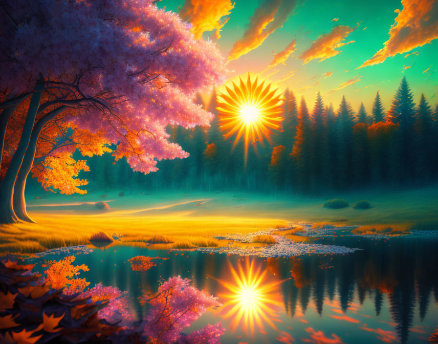 Colorful sunset digital artwork with star-shaped sun over calm lake and autumn forest.