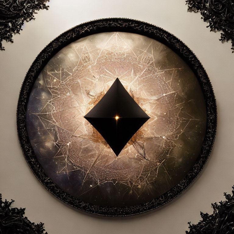 Circular framed abstract geometric design with black pyramid on textured golden background
