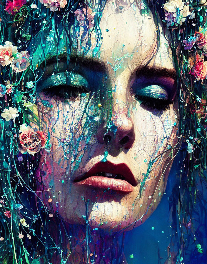 Colorful Flower Adorned Woman's Face Artwork