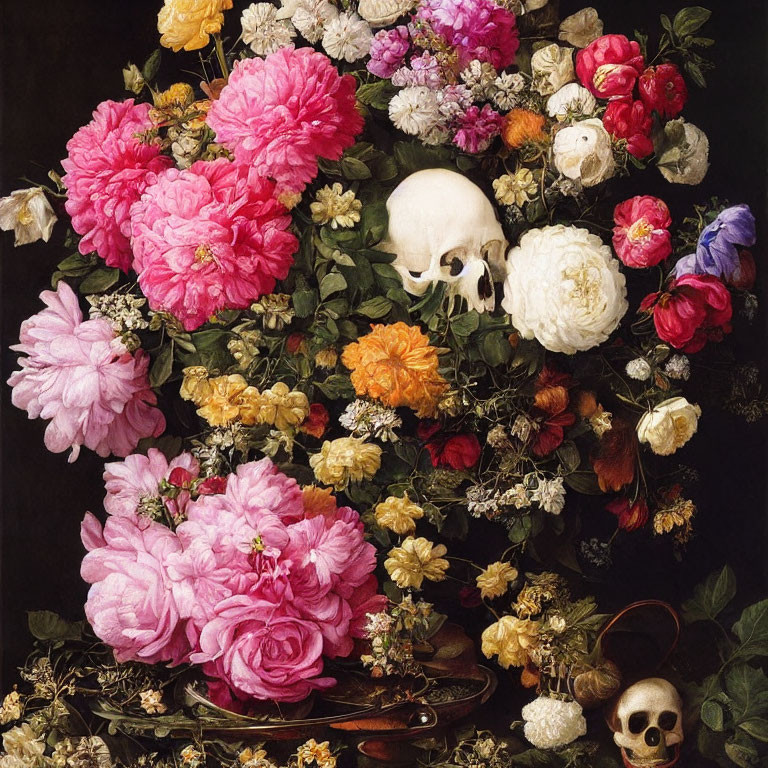 Colorful Flower Painting with Human Skull and Bronze Vessel