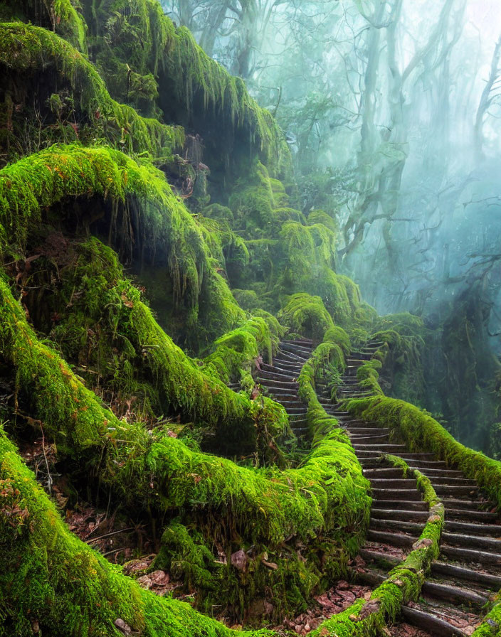 Moss-covered steps in misty, lush forest with gnarled trees