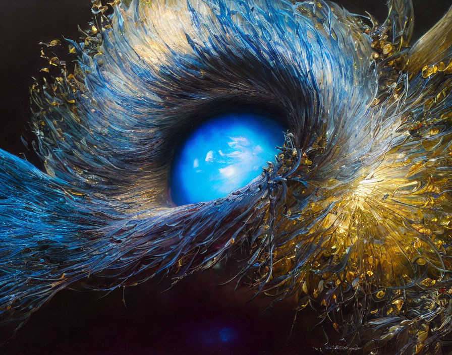 Blue eye surrounded by golden and dark feathery textures and small figures.