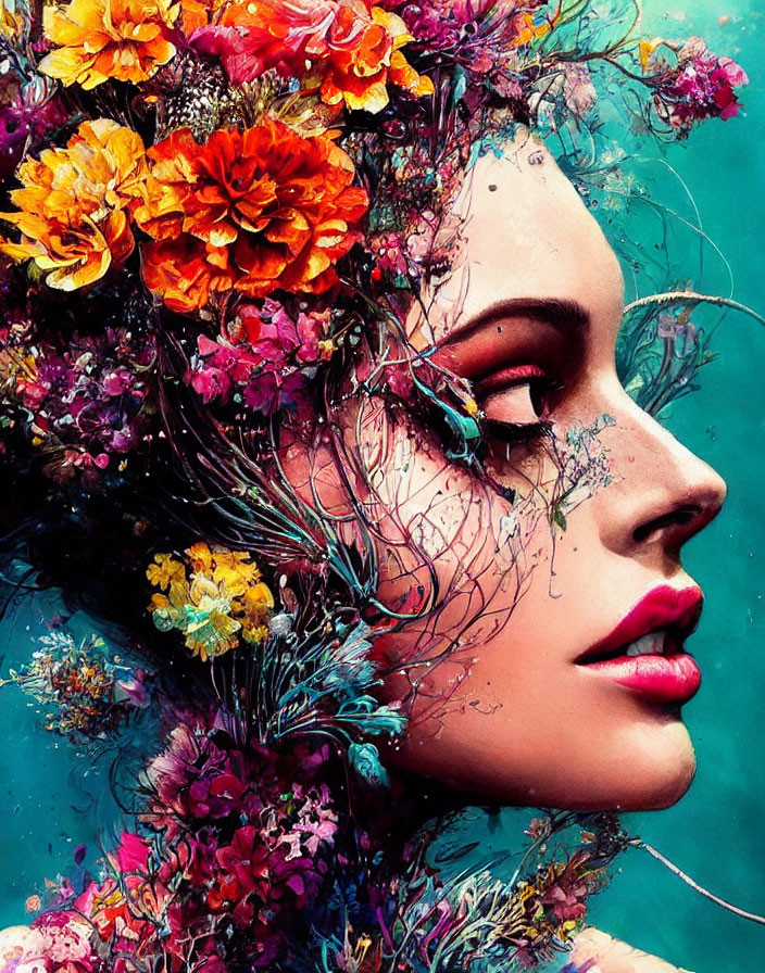 Vibrant woman with floral hair against teal backdrop