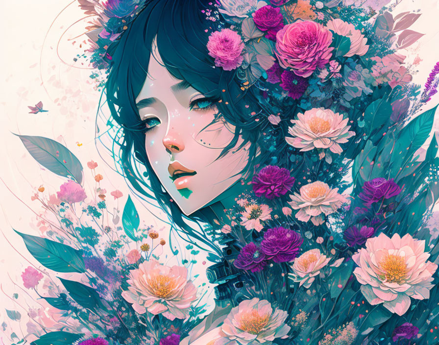 Illustration of girl with dark hair among lush flowers and light particles