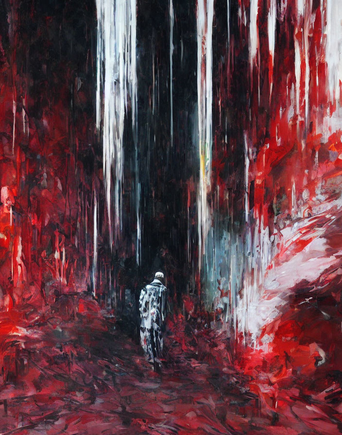 Surreal red and white streaked forest with lone figure