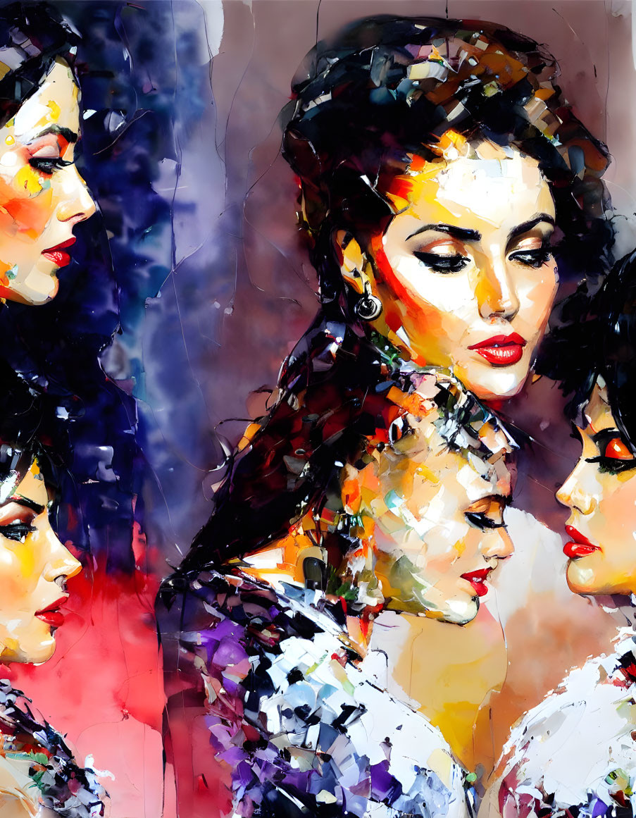 Colorful Abstract Painting of Overlapping Female Faces with Bold Eyes and Lips