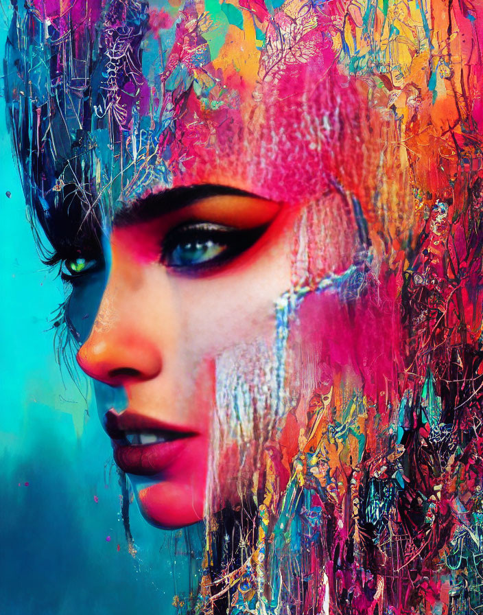 Colorful digital artwork: Woman's face merges with abstract splatters