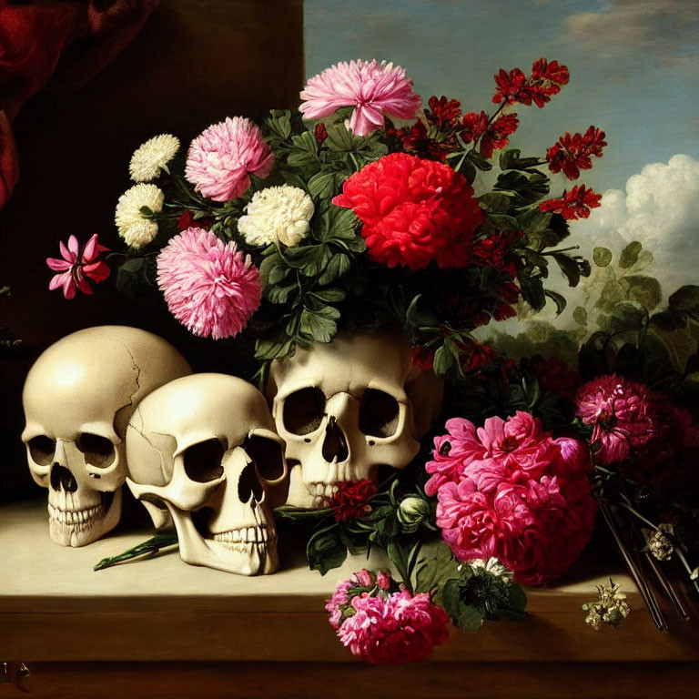 Still Life Painting: Vibrant Flowers and Human Skulls on Dark Background