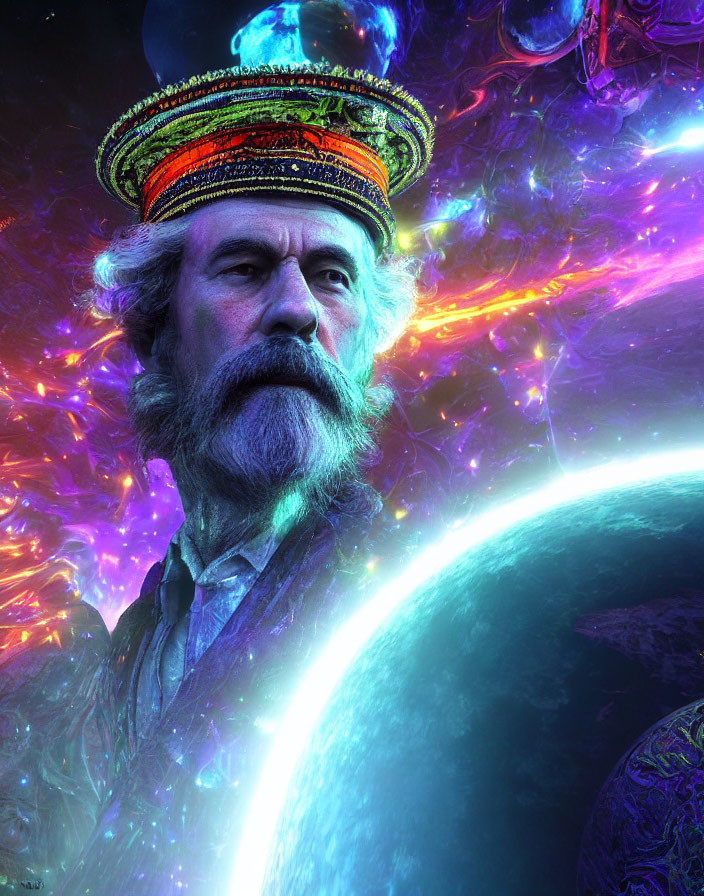 Bearded man in exotic headdress against cosmic backdrop
