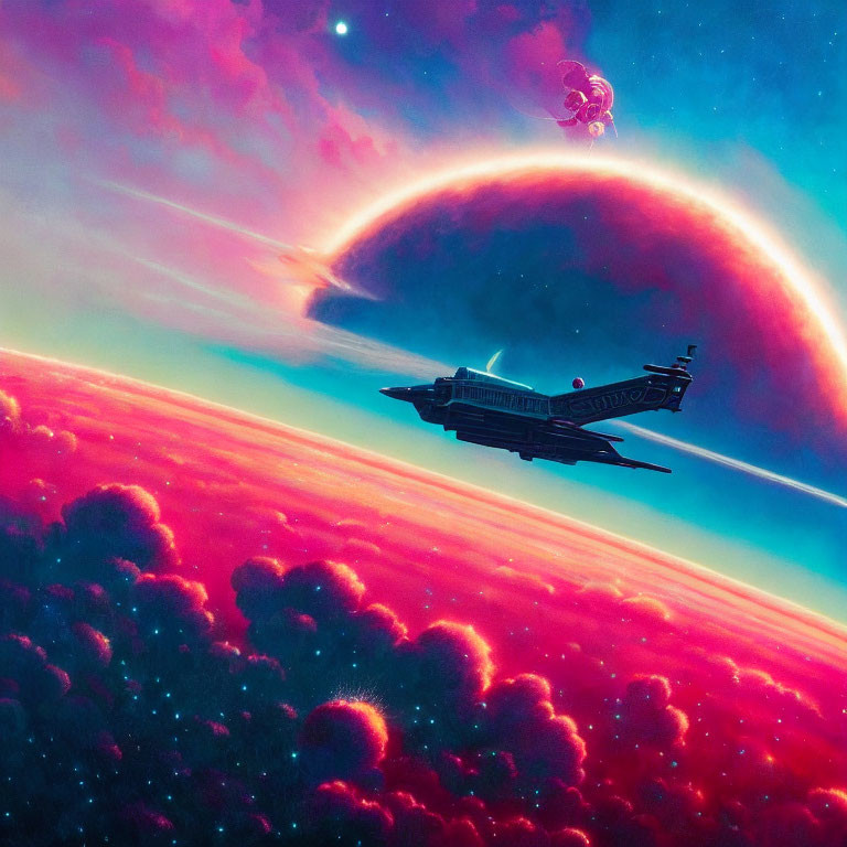 Vibrant alien landscape with spaceship, pink clouds, ringed planet, and moon