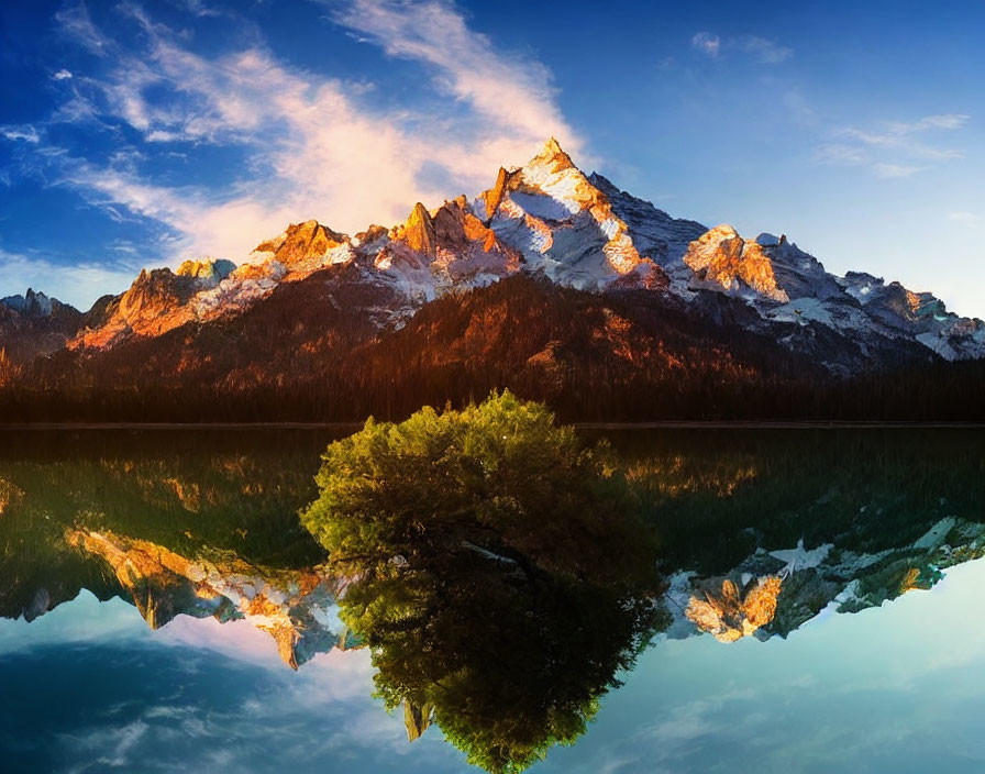 Snow-capped mountain range at sunset with reflection in lake and solitary tree.
