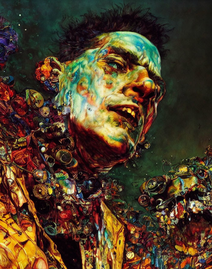 Colorful abstract portrait with intense yellows and greens depicting a person surrounded by dynamic textures and shapes.