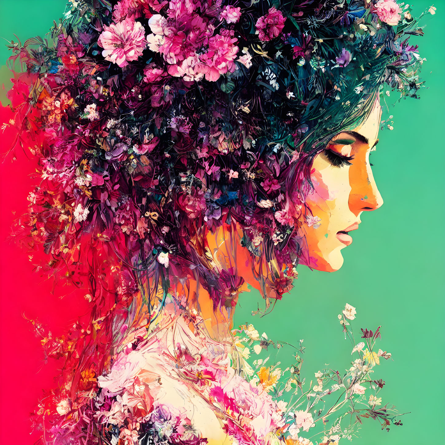 Colorful floral profile portrait against split-tone background