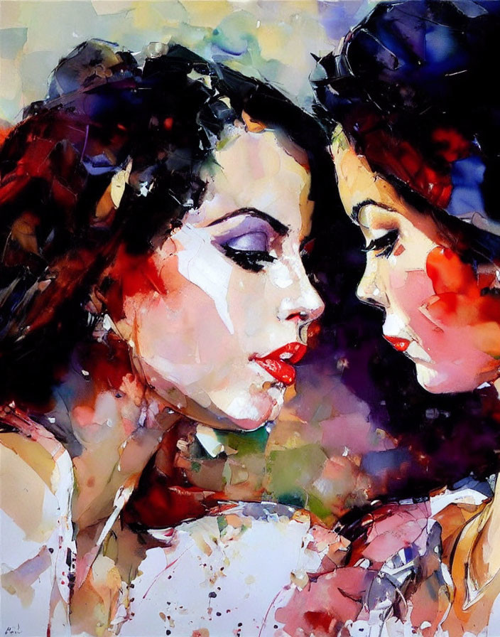 Abstract Watercolor Painting: Two Women in Bold Colors and Abstract Forms