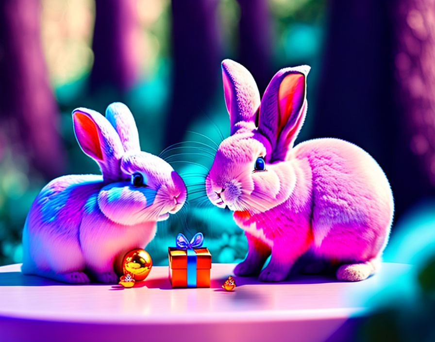 Colorful Digital Art: Vibrant Rabbits with Gift & Ornaments