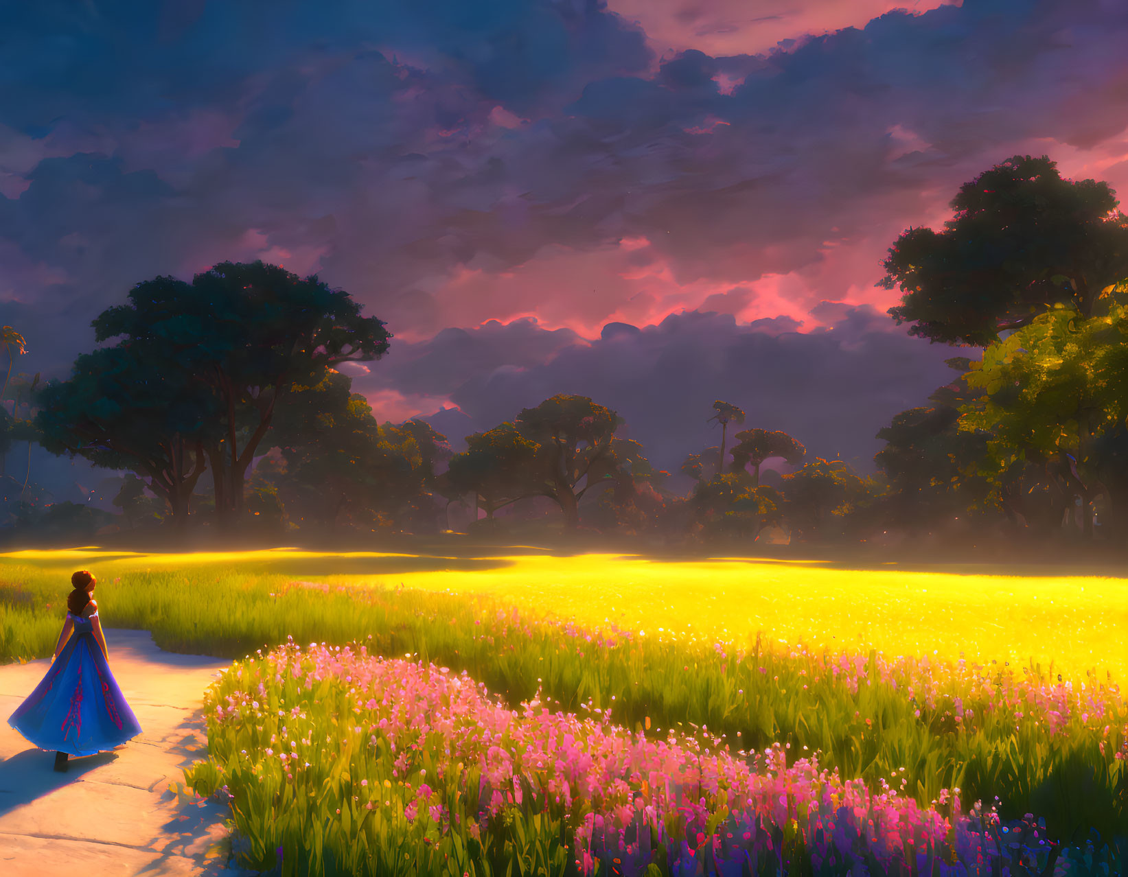 Tranquil sunset landscape with person on path and yellow flowers