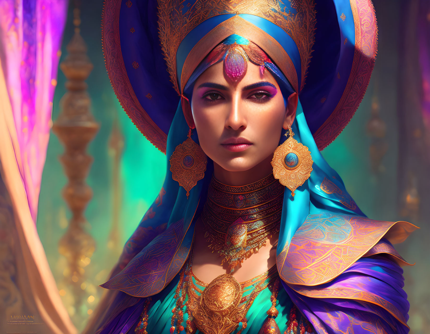 Regal woman in ornate blue and gold attire with intricate jewelry against colorful backdrop