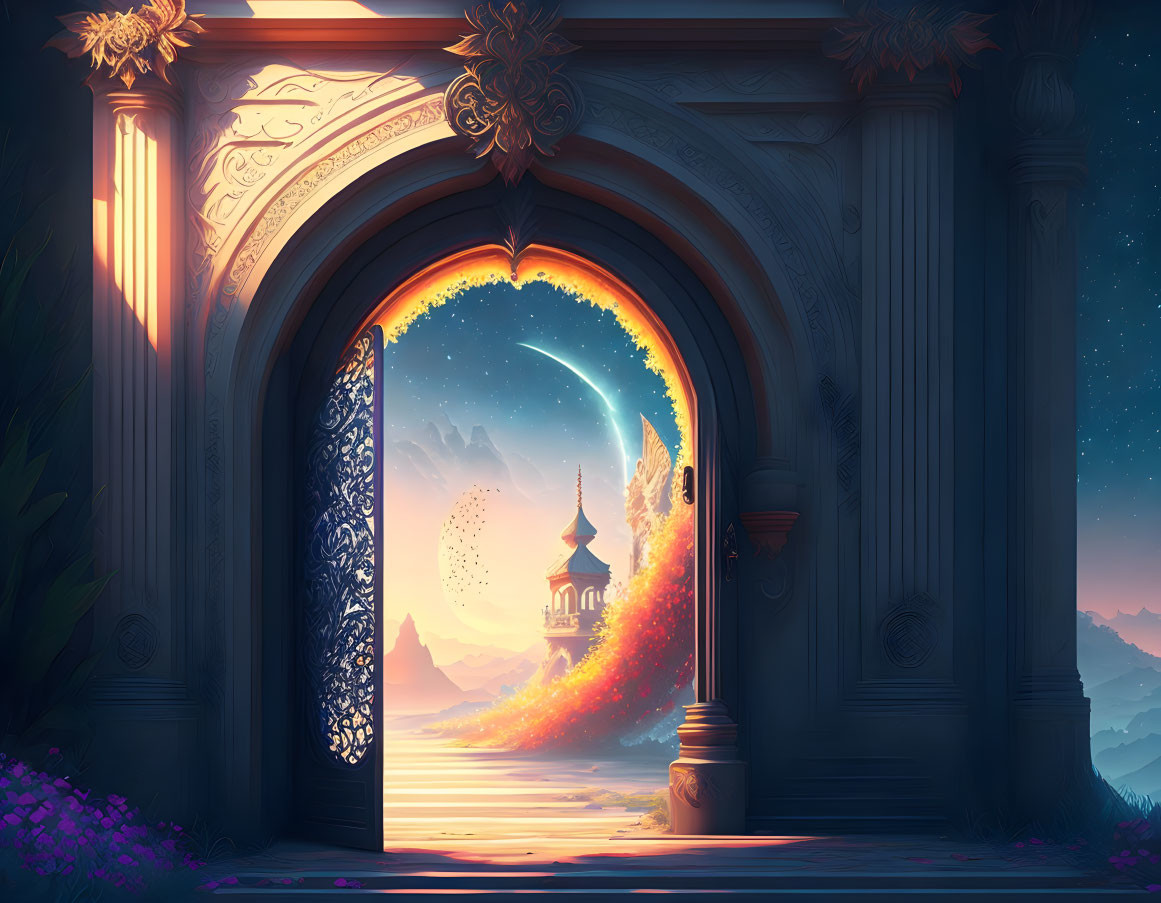 Ornate archway leading to fantasy castle scene at dusk