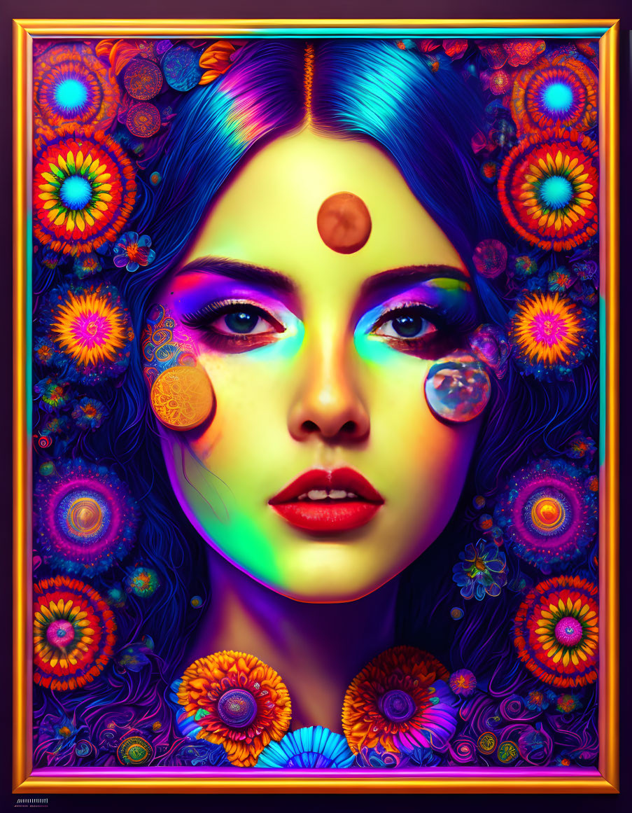Colorful digital portrait of a woman with psychedelic patterns and flowers, reflecting in a bubble