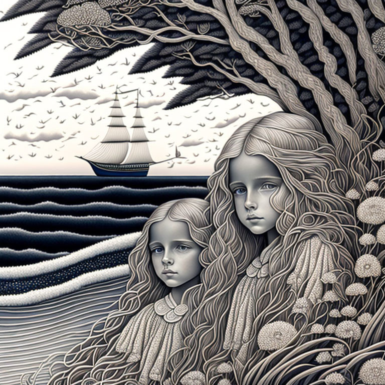 Two girls with detailed, wavy hair under a tree admiring a sailing ship on a stylized