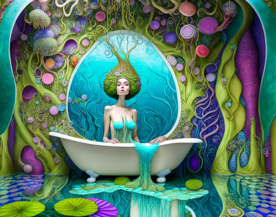 Vibrant surreal illustration of woman in bathtub underwater