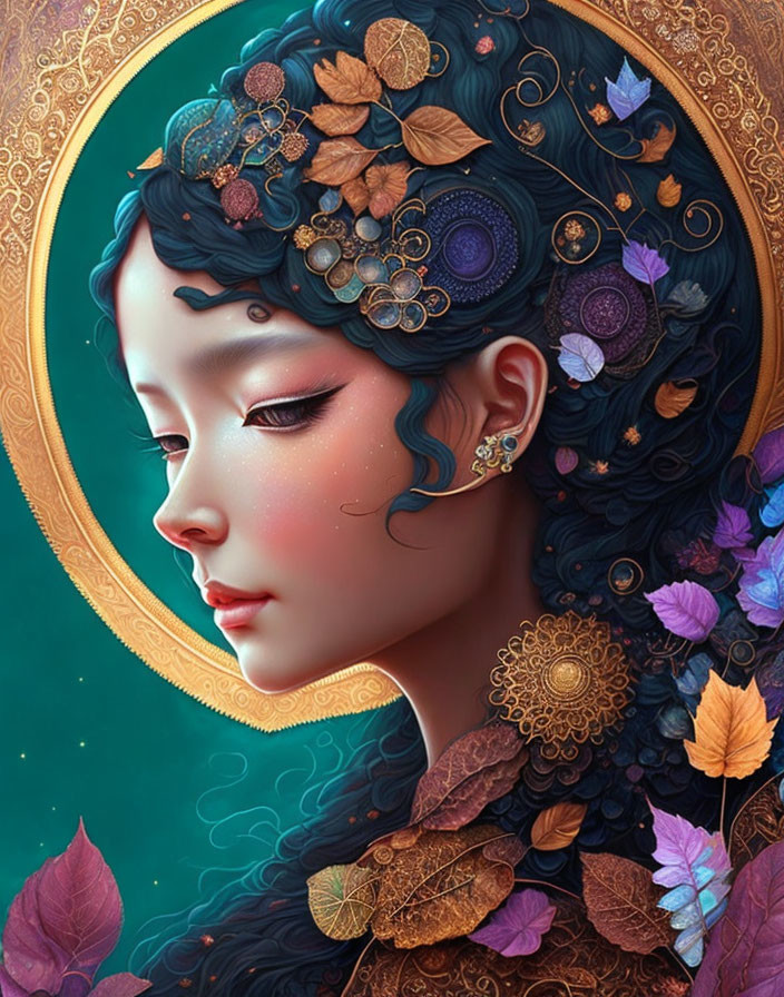 Ethereal digital artwork: Woman with blue hair in floral adornments on green and gold backdrop
