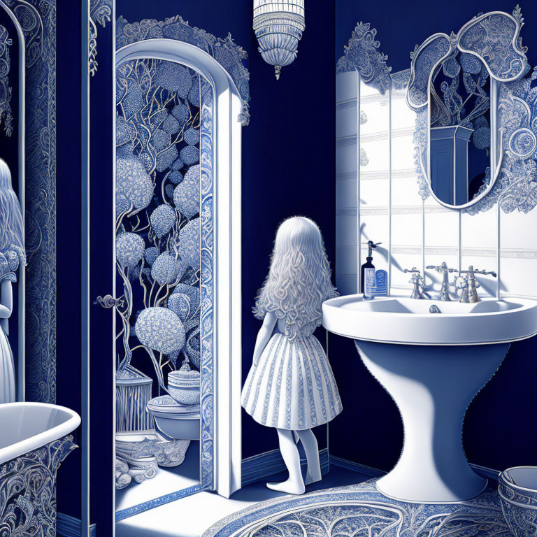 Girl in dress standing in blue and white toile-patterned bathroom with ornate decorations and classic pedestal sink