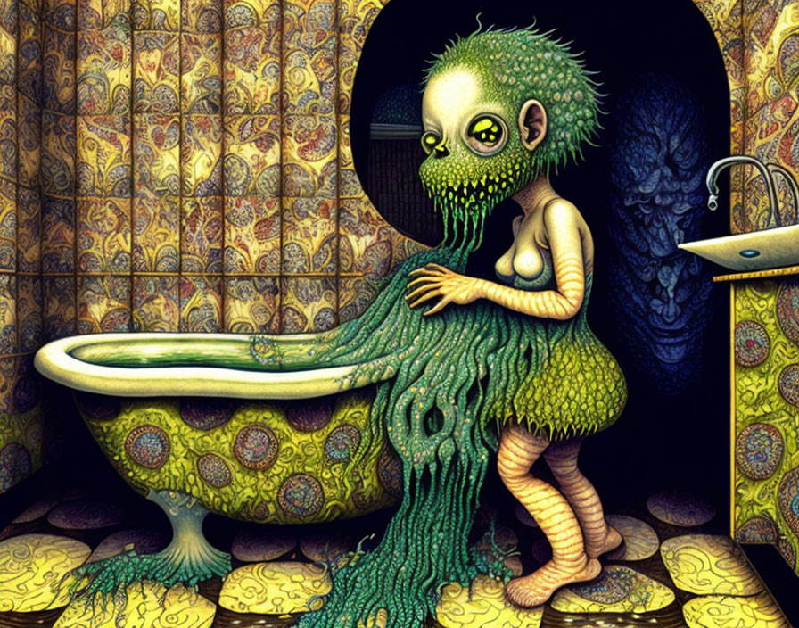 Surreal humanoid creature with green tentacles in vintage-patterned room